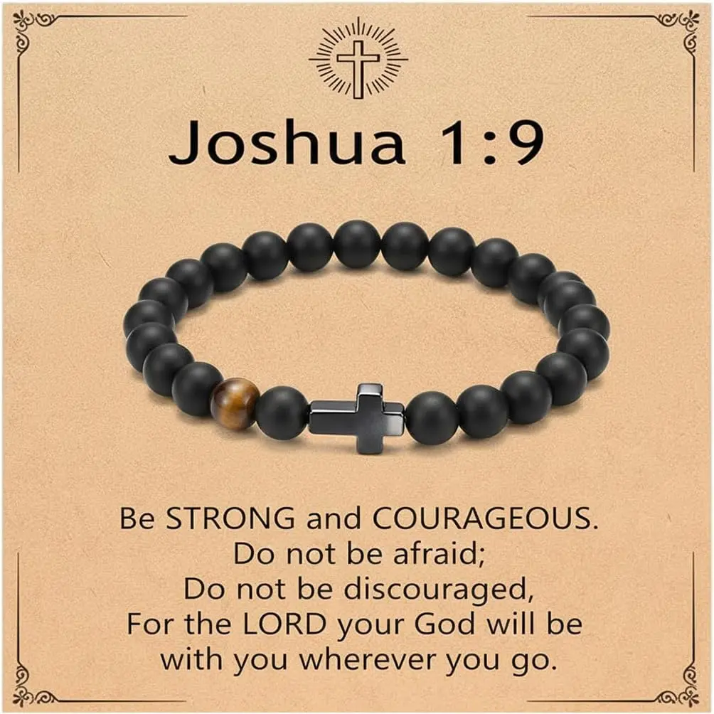 Men’s  Bracelet with Elastic Rope, Stone Beaded Bracelet with Stainless Steel ,Black  & Tiger Eye, Religious Fashion  for Men/teen