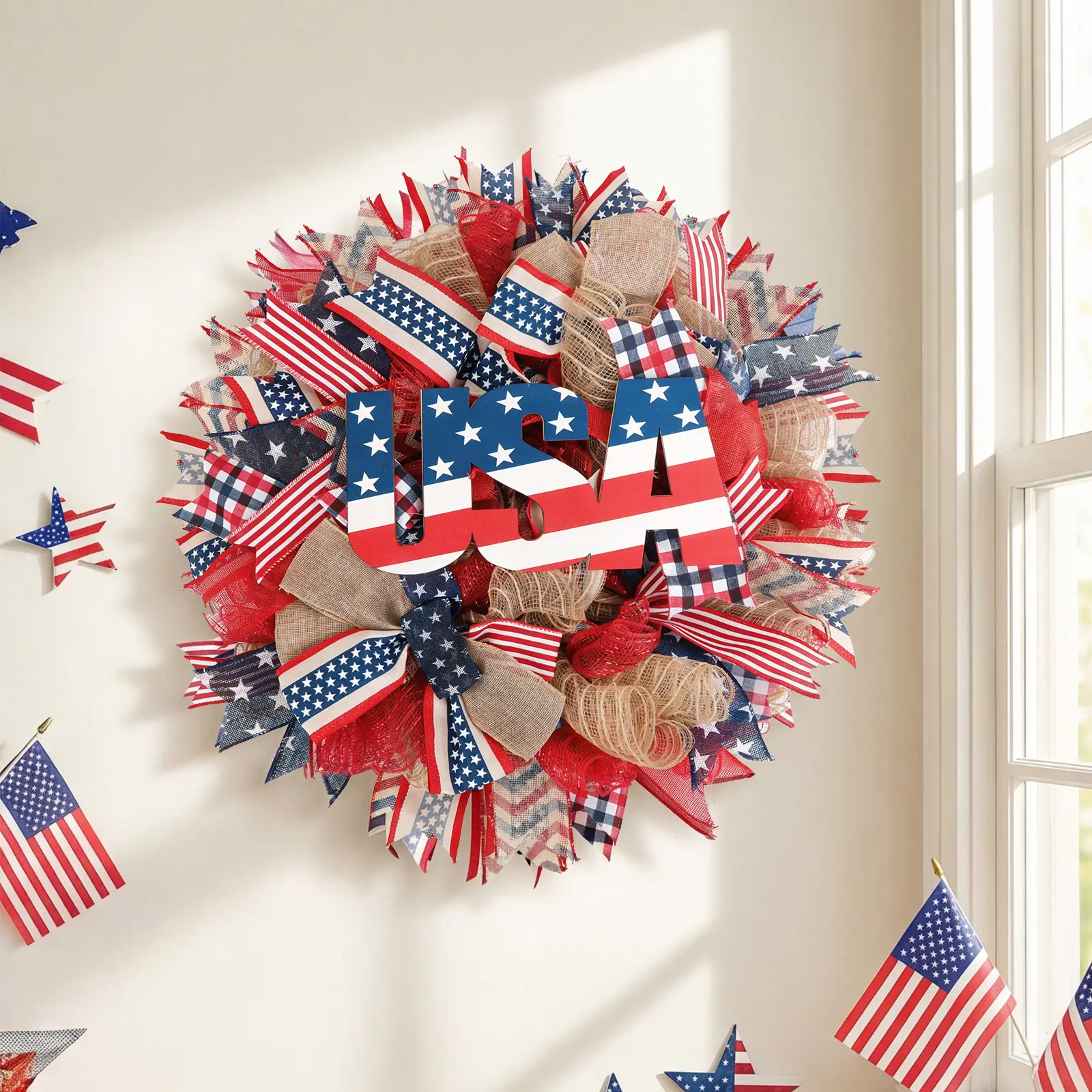 24Inch Patriotic Burlap Wreath, 4th of July Summer Burlap Stripe and Stars Printed Wreath for The Front Door, Memorial Day American Flag Printed Home Decoration for Indoor and Outdoor