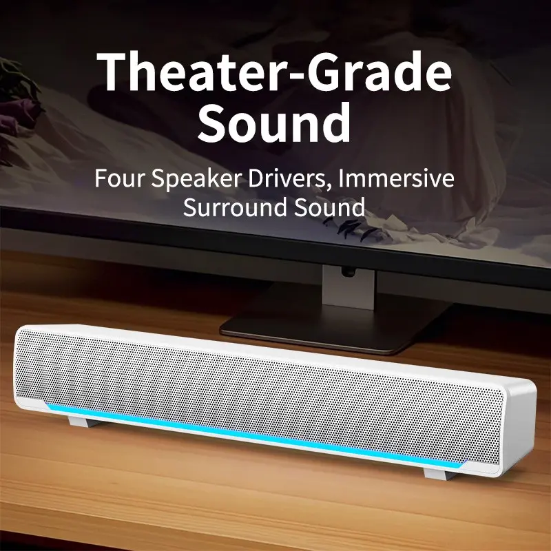 Bar Speaker TV Audio Computer Game Speaker, PC Speakers with Subwoofer, Dual Speakers + Dual Subwoofer Ports, Deep Bass Immersive Sound, Ice Blue Light Effect, Stereo Computer Speakers, Gaming Speakers, Speakers with Subwoofer