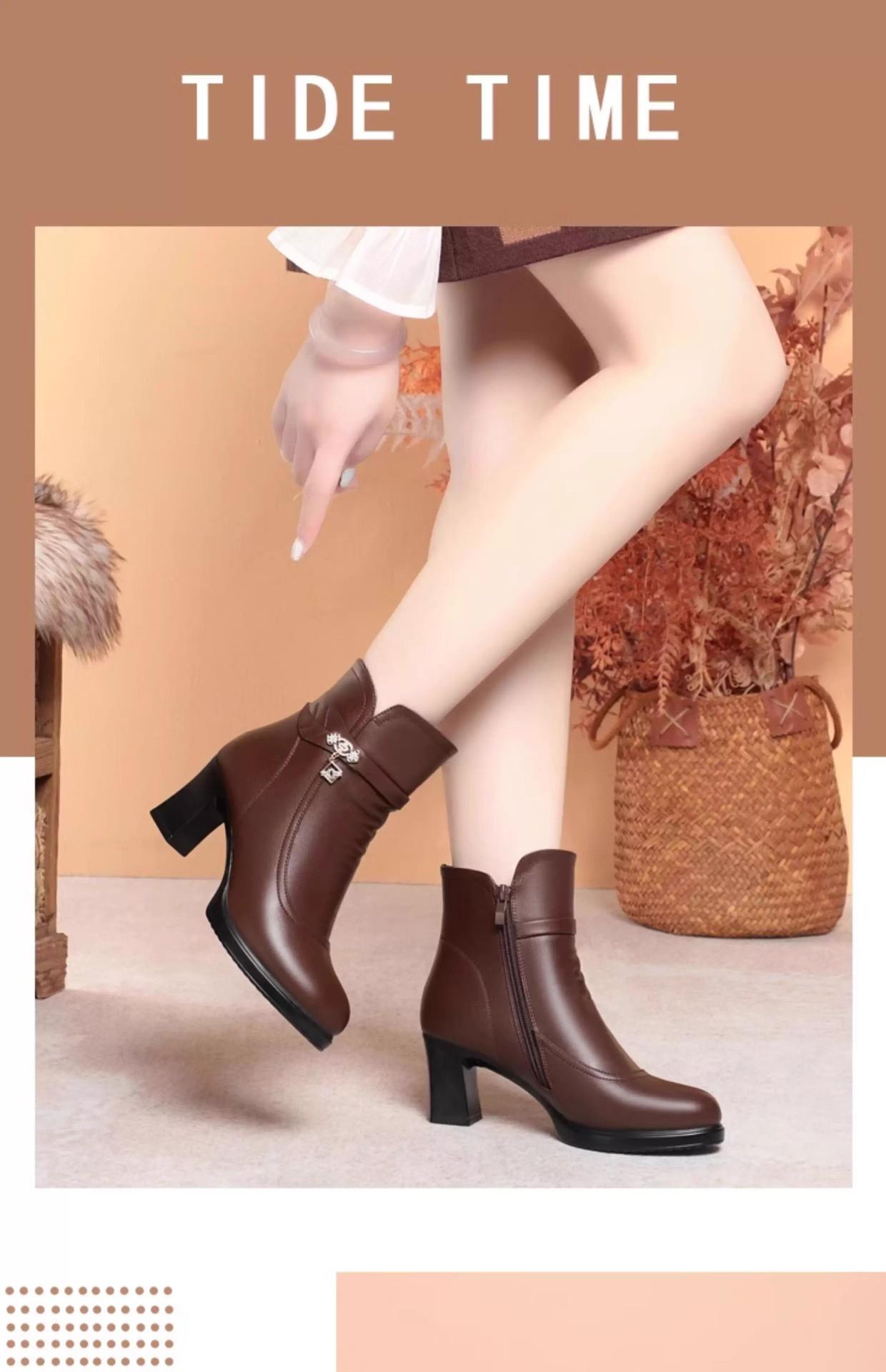 MOVRA1 Women'S -Encrusted Round-Toe Block Heel Ankle Boots with Zipper Closure & Plush Lining - Mid-Heel Winter Boots in Rich Brown, Faux Cover Upper & Rubber Sole, Elegant Casual to Semi-Formal Outfits Autumn/Winter, Comfortable & Durable Design