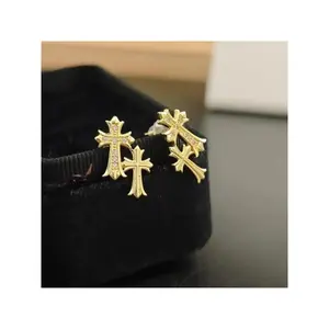Stud Earrings For Daily Wear Unisex Cross Design Gold Plated Dual Piercing Lightweight Fashion Jewelry	