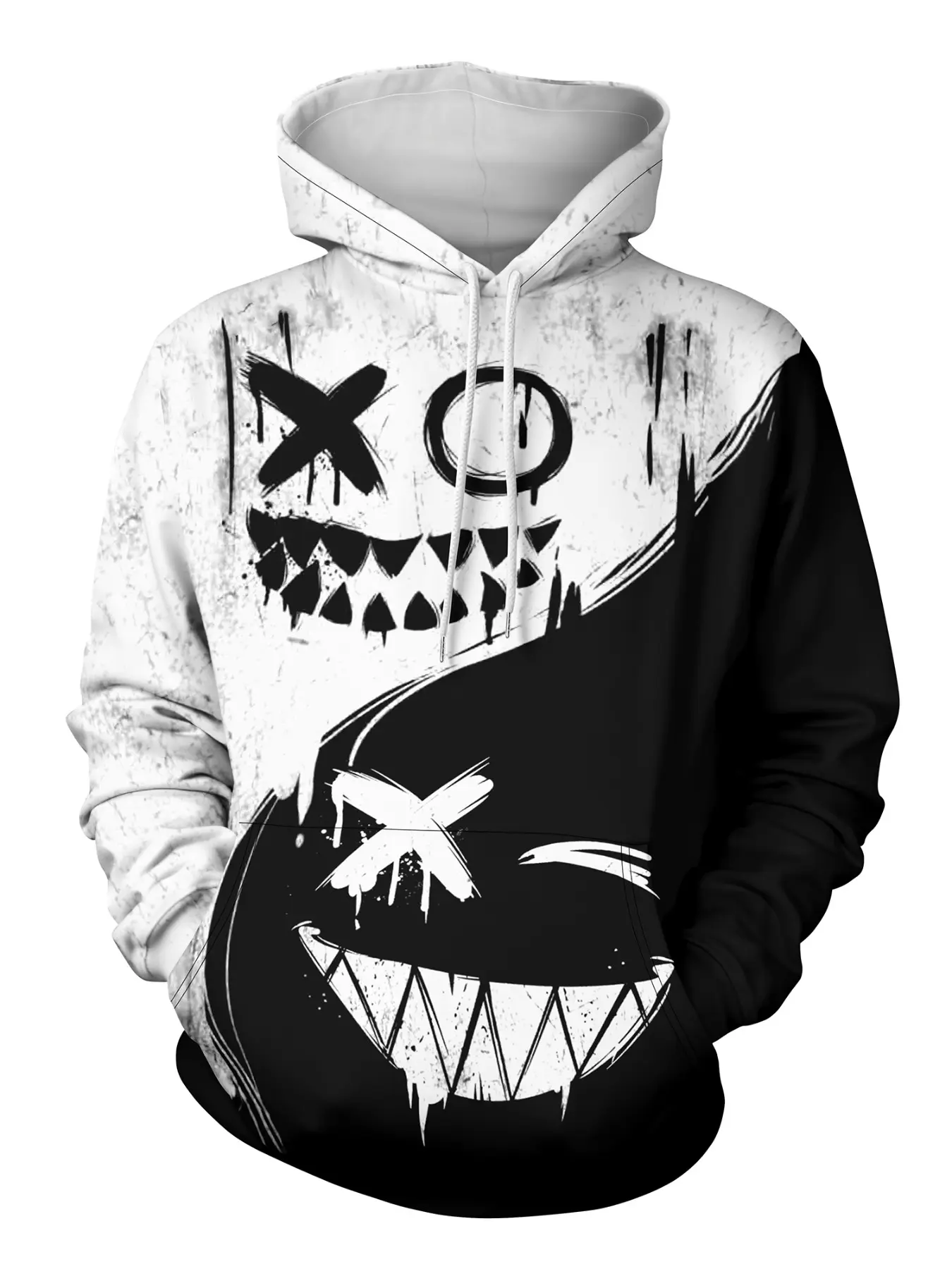 Dark Dual-Sided Devil Smile Print Hoodie, American High Street Unique Design, Casual Loose-Fitting Sweatshirt, All over Print
