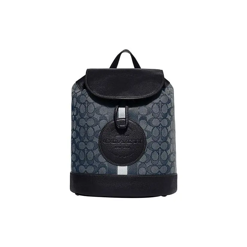 COACH Dempsey 26 Drawstring Backpack with Snap Closure – Chambray Fabric and Pebbled Leather, Women’s Style in Deep Blue