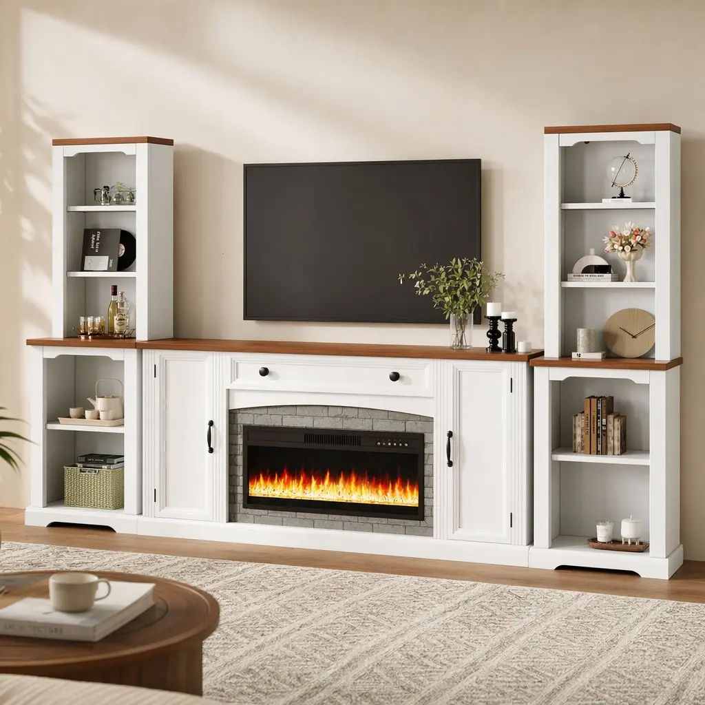 ARCH Furniture 3-Piece Farmhouse Fireplace TV Stand Set with Mantel, Electric Heater for TVs Up to 70", Walnut & White, Storage & Bookshelves, Living Room Console Table, Stable, Color-Changing Flame Options