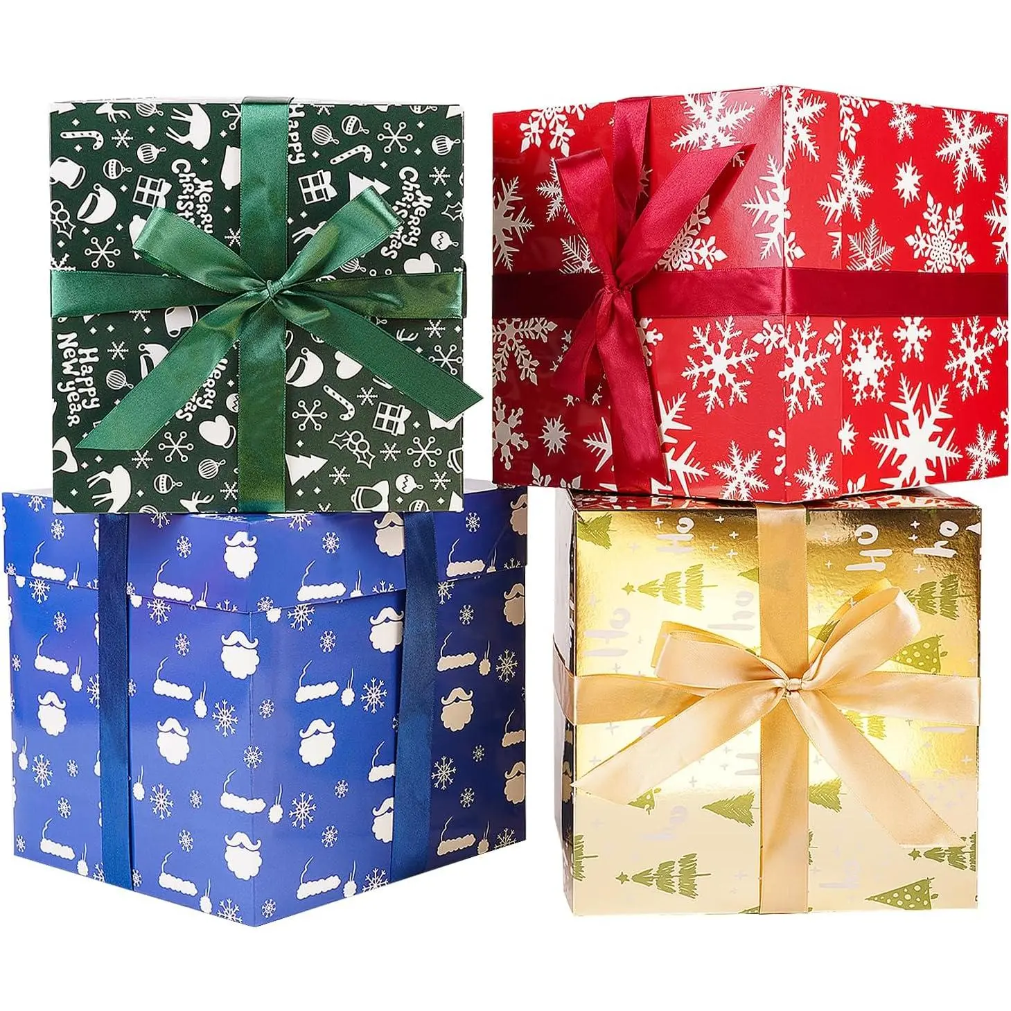 Designs Christmas  Boxes with , Tissue Papers and Ribbons, Medium Square  Boxes - 4 count (8.7 Inch),  Wrapping Christmas Holiday  Year Presents Party Favor Boxes.