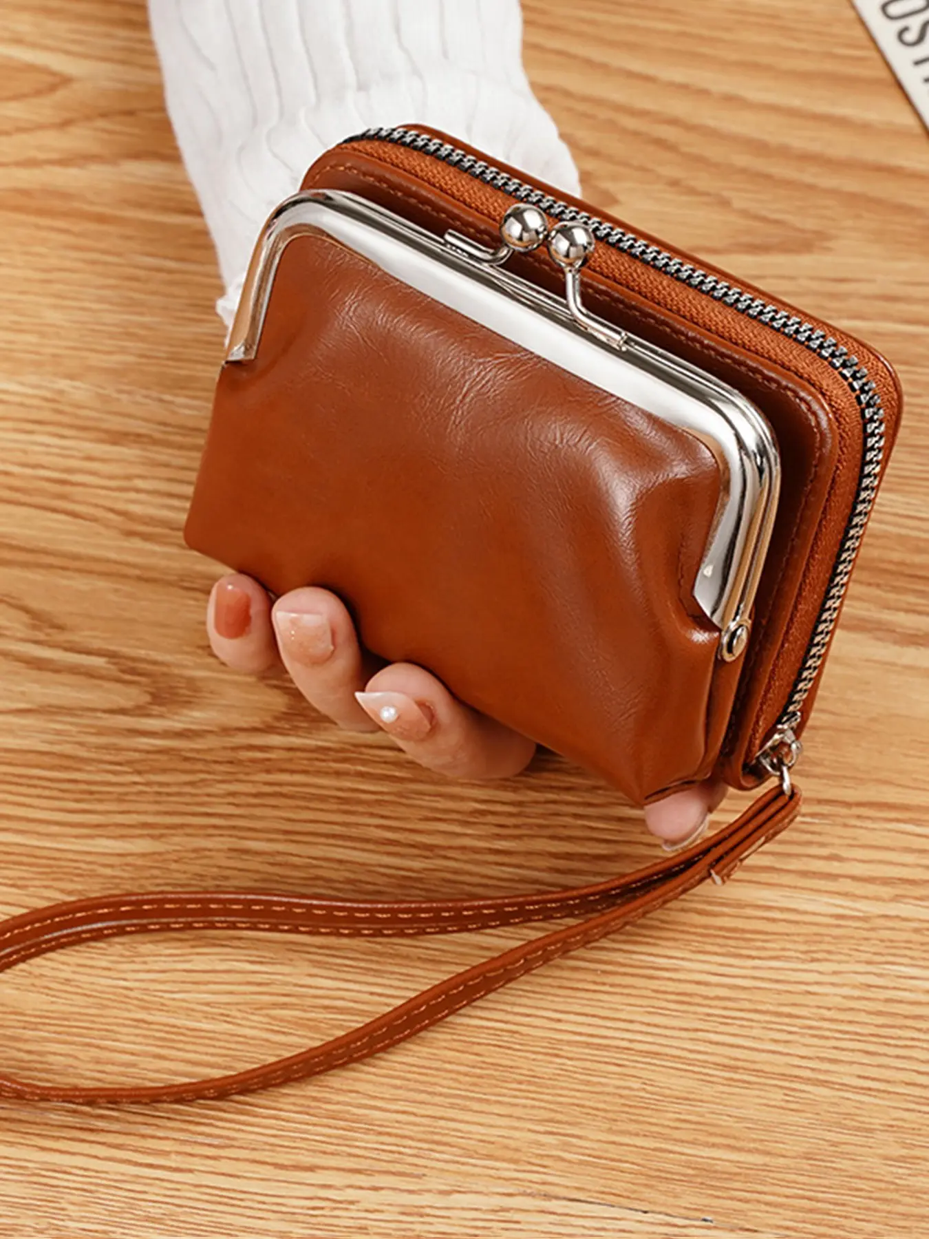 Two-In-One Retro Kiss Lock Card Holder Wristband, PU Leather Foldable Multi-Slot Card Clip, ID Window Zipper Coin Bag, Portable Mini Wallet for Daily Travel Gifts