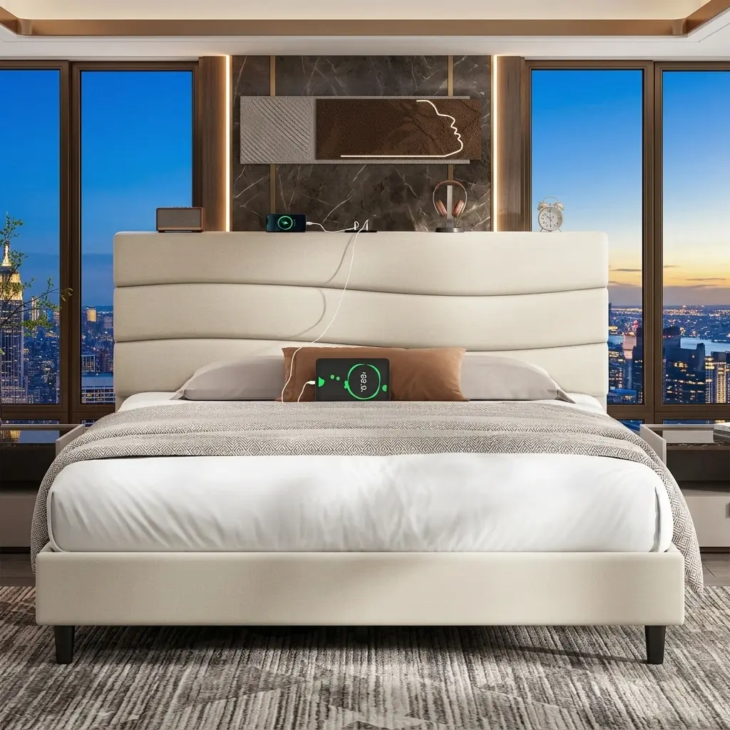Queen Size Teen's First Modern Luxury Upholstered Platform Bed Frame, Adjustable-Height Storage Headboard with Built-in Charging Station, Sturdy Noise-Free, No Box Spring Needed, Easy Assembly