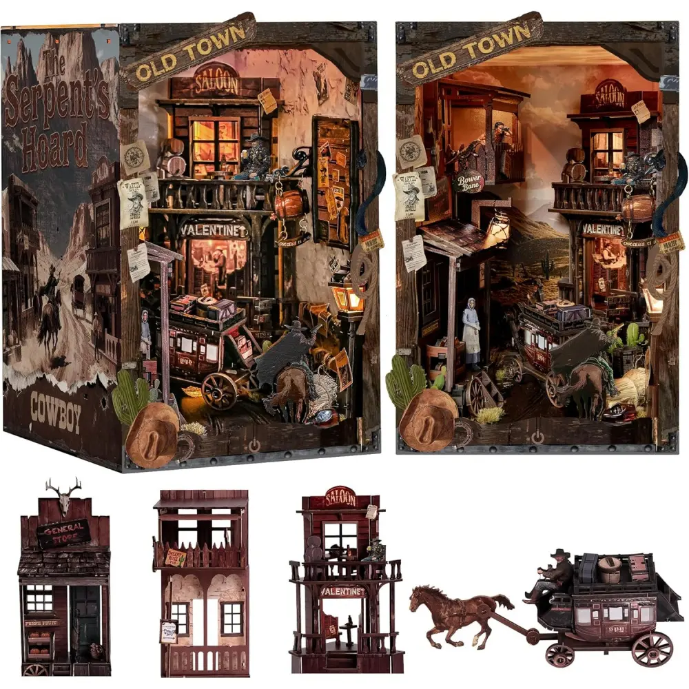 Spilay DIY Wooden Mini House Kit - Sundown Crossing Book Nook with Warm Glow LED Lights, Pre-Cut Multi-Compartment Building Wood Craft Kit for Adults, Bookshelf House Decoration, Book Lover Gifts