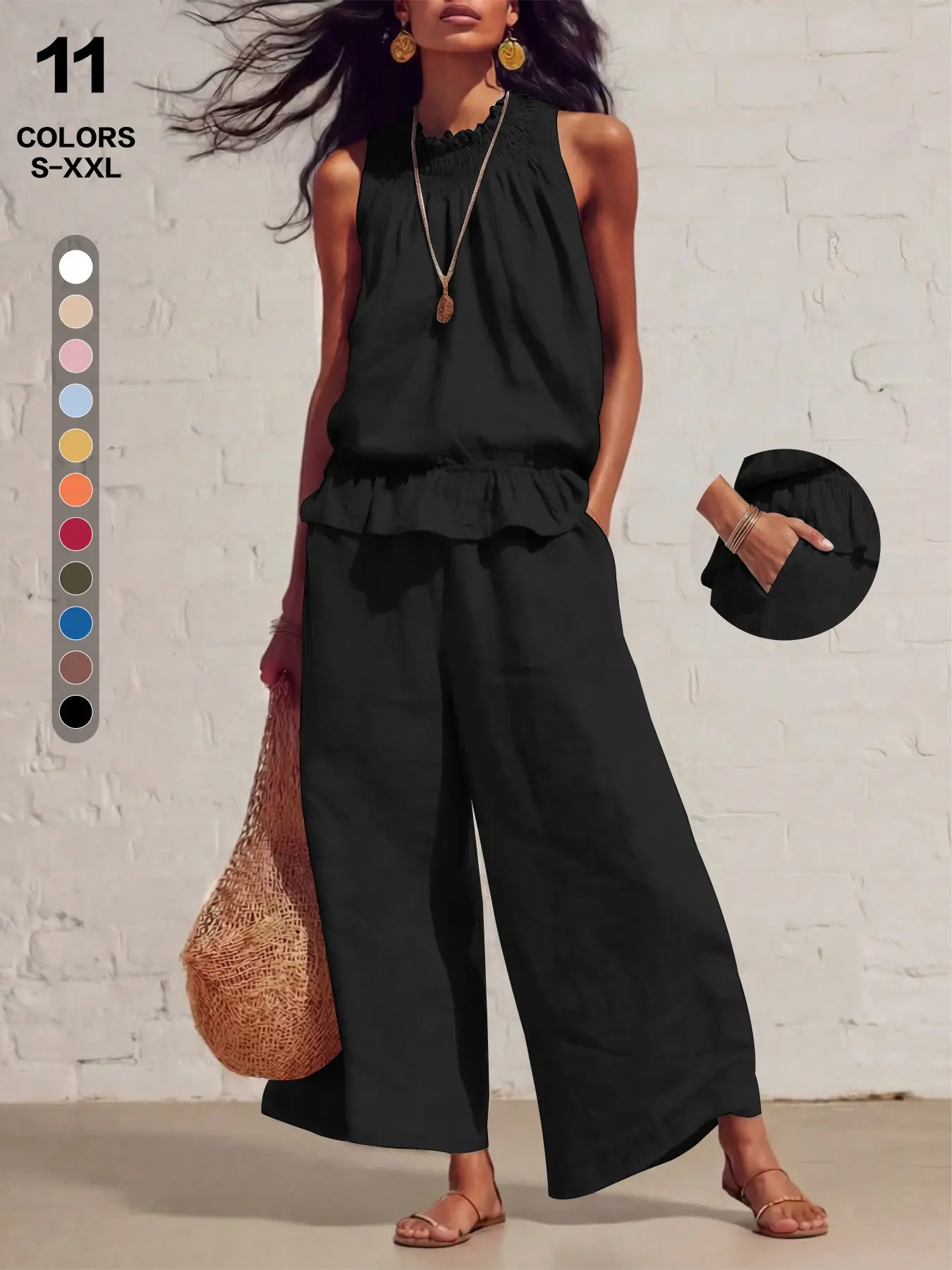 French-Inspired Resort-Style Two-Piece Set, Sleeveless Lettuce-Edge Top, Wide-Leg Trousers with Side Pockets, Casual Daily Wear, Women, Clothes