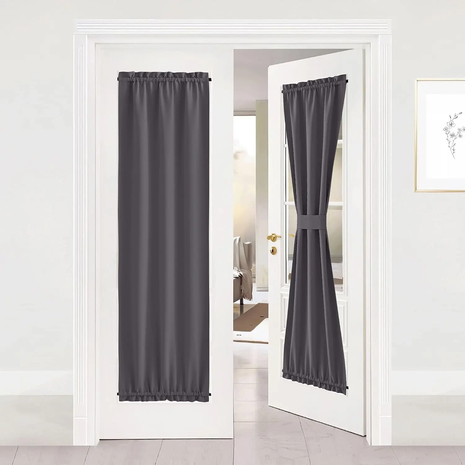 Grey Blackout Thermal Insulated French Door Curtains with Tieback, Front/Back Glass Window Shade & Sidelight Privacy for Living Room (25W x 72L inches, 1 Panel)Gift