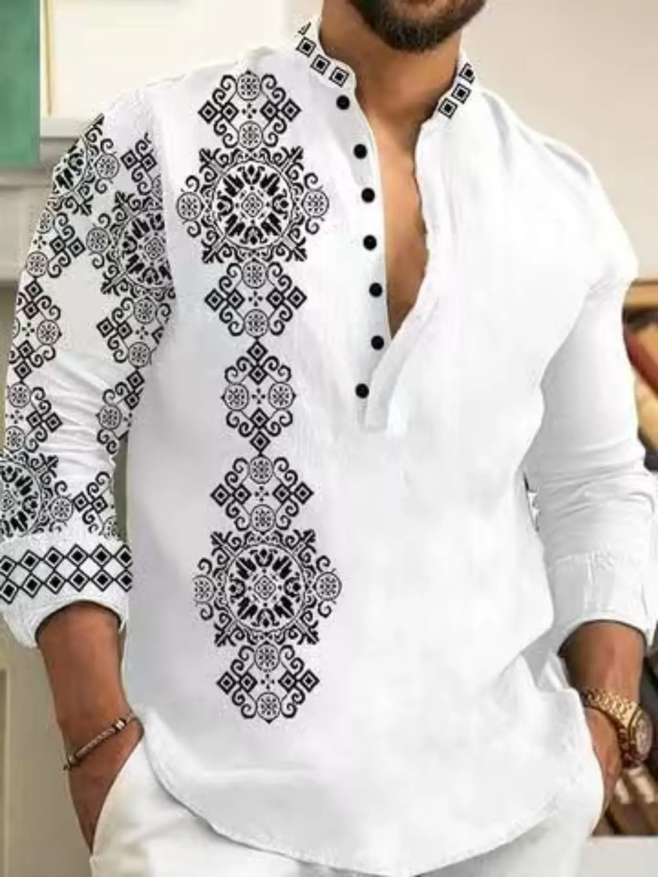 Men'S Fashion Striped Patterned Casual Printed Long Sleeve Shirt, Casual Menswear, 100% Polyester Stand Collar Button-Up, Regular Fit Casual Woven Top for Spring/Fall, Daily & Weekend Wear, Casual Fitted Shirt, Casual Clothes, Casual Apparel