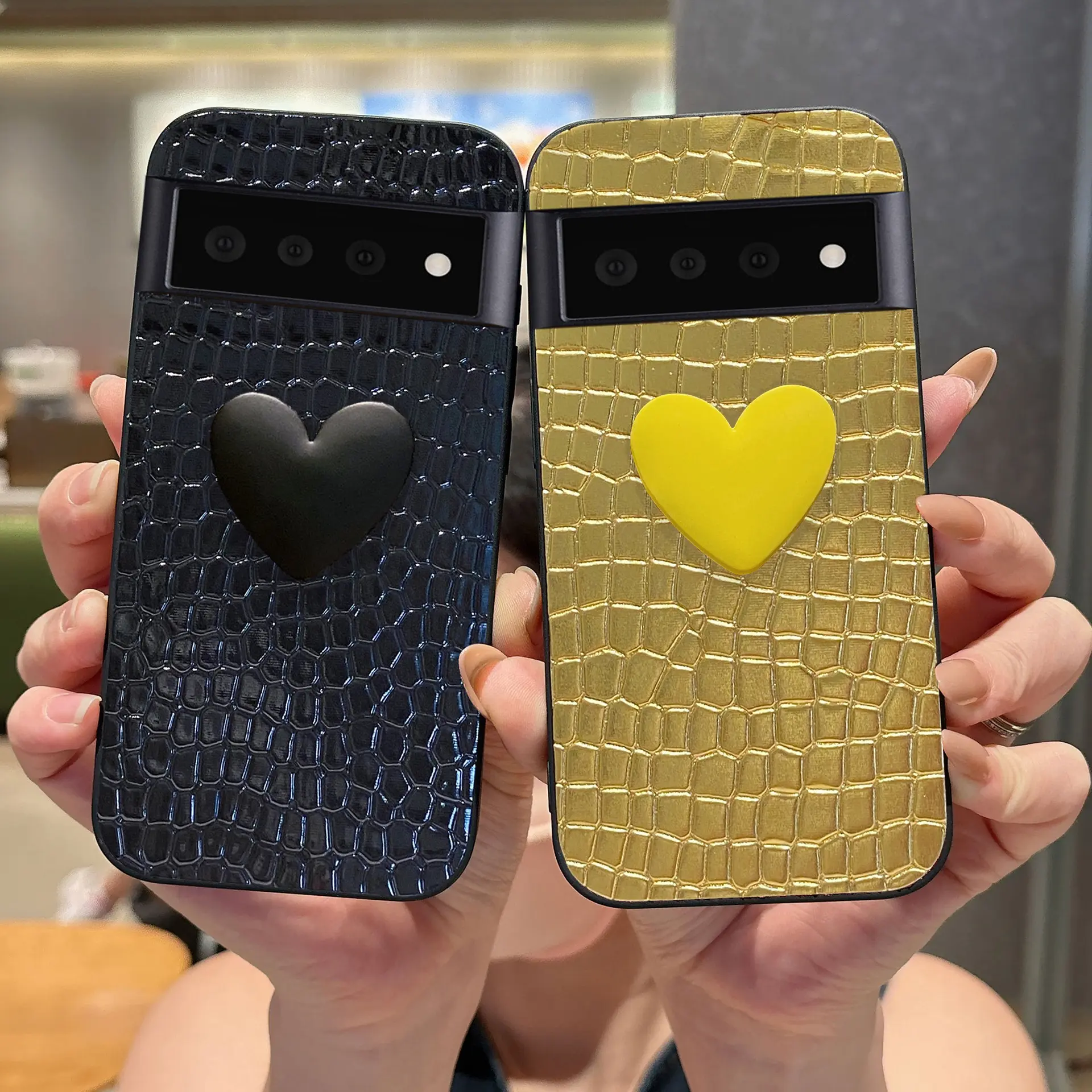 Compatible with Pixel 11 Pro XL, 10, 9, 8, 7, 6, Solid Color Crocodile Texture Heart Pattern Shockproof Phone Case Model HNZ0407