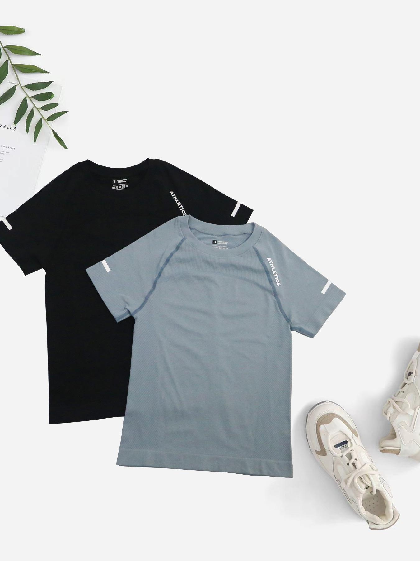 Women's 2pcs Letter Print Raglan Sleeve Sports Tee, Round Neck Short Sleeve T-Shirt for Yoga Gym Workout Running, Ladies Sportswear for All Seasons, Athletic Yoga Shirts