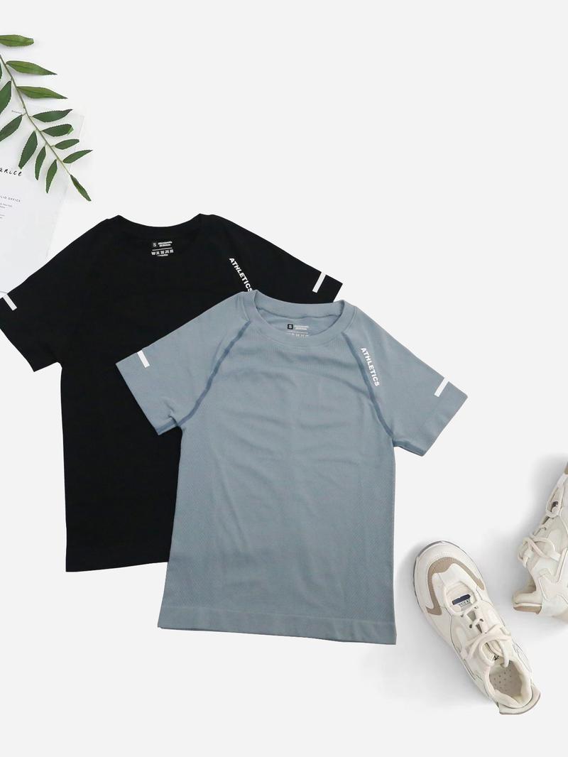 Women's 2pcs Letter Print Raglan Sleeve Sports Tee, Round Neck Short Sleeve T-Shirt for Yoga Gym Workout Running, Ladies Sportswear for All Seasons, Athletic Yoga Shirts