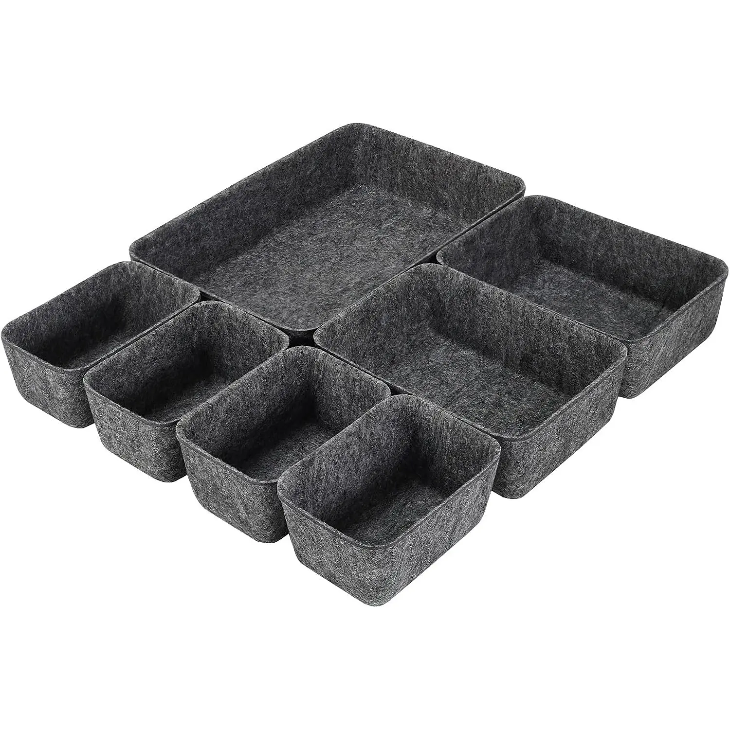 Desk Drawer Organizer Tray Dividers Set Kitchen Bathroom Office Drawer Organizers Separators Shallow Felt Storage Bins Container for Makeup Juck  Utensils Tools Dresser, Grey, 7 Pack