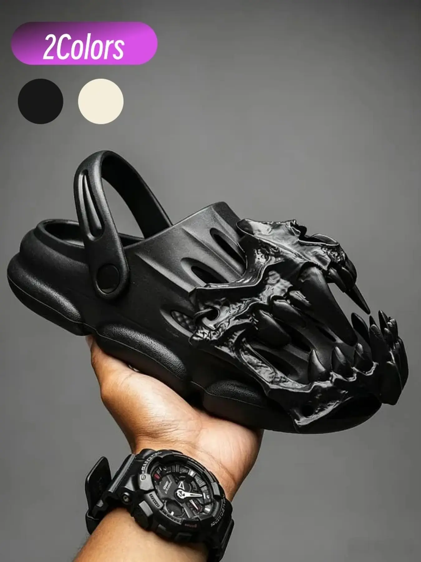 Dual Use Men Personality Clog Slides For Home & Outdoor Alien Dinosaur Skull Cool Design Adjustable Heel Strap Anti-slip Thick Sole Two Colors Optional Street Trendy Slippers