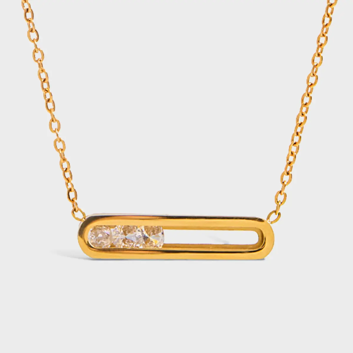 Classic design 18K gold stainless steel necklace with movable rectangular pendant set with white diamonds