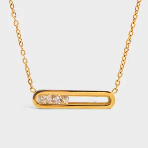 Classic design 18K gold stainless steel necklace with movable rectangular pendant set with white diamonds