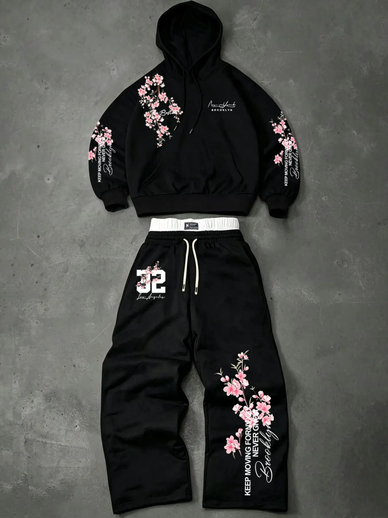 Unisex 2-Piece Set, Letter Cherry Blossom Floral Print Hoodie + Drawstring Double-Layer Waist Loose Pants, Trendy Fall Winter Outfit