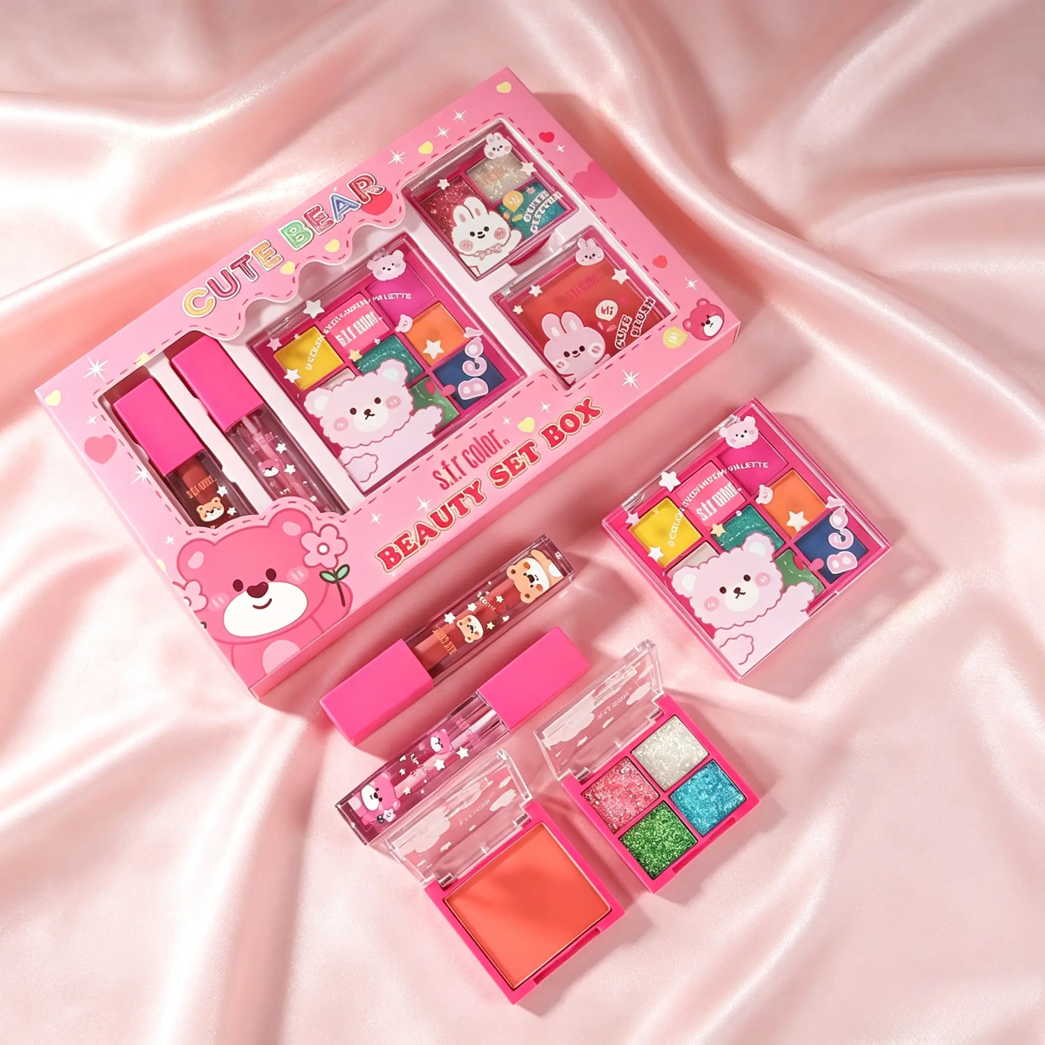 Cute Bear & Bunny Beauty Box, Matte Shimmer Eyeshadow + Glitter Powder + Blush + 2 Lip Gloss, Affordable Full Makeup Kit For Students Stage Creative Looks, Beauty Sets