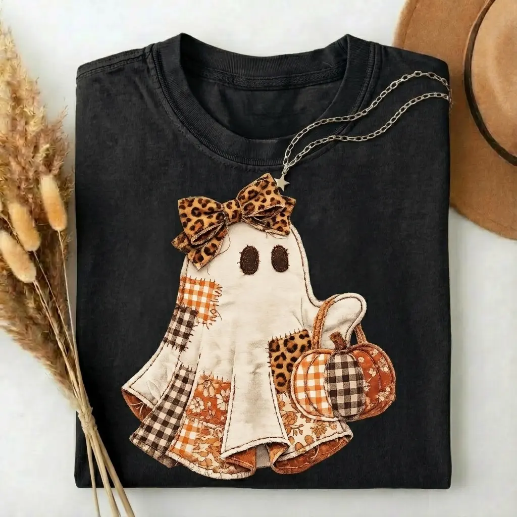 Faux Patchwork Ghost Shirt, Coquette Halloween Ghost Tee, Cute Fall Pumpkin Ghost Tshirt, Spooky Season Shirt
