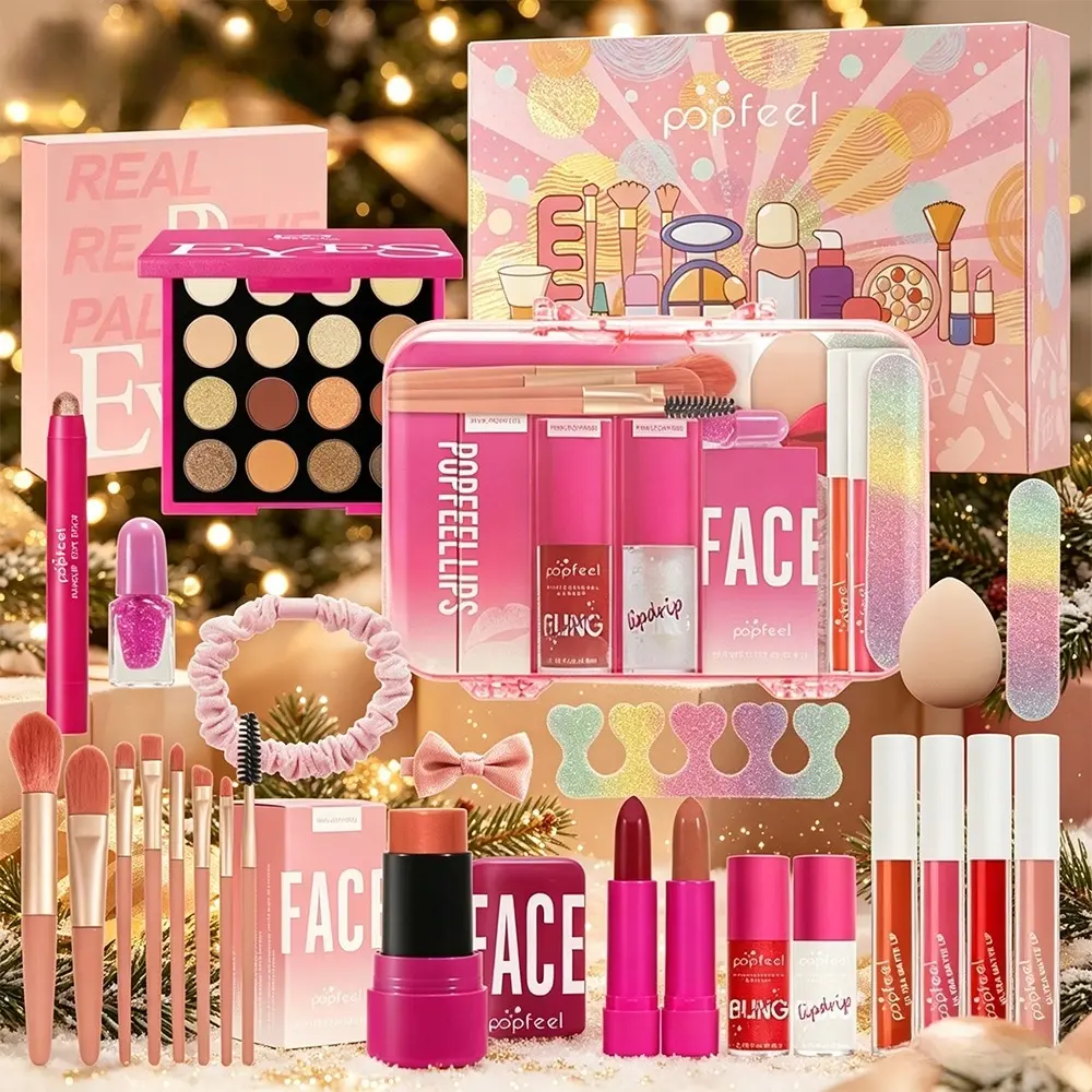 Affordable large-capacity POPFEEL makeup kit with multi-color eyeshadow and wash headband, foolproof shades for newbies. Works for fresh campus makeup and dramatic dance stage looks, ideal aesthetic gift for girls on Christmas and birthday.