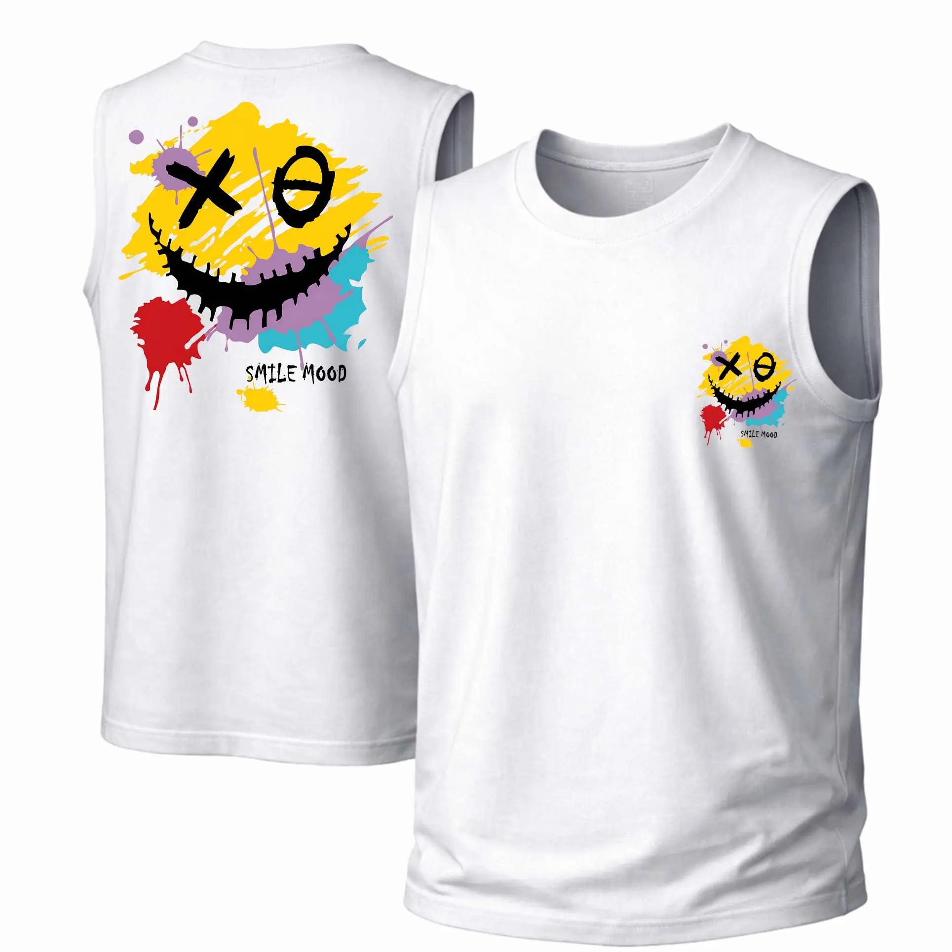 Men's Cotton Sleeveless Tank Top - Graffiti-Style "Xo" Smiley Face Print, Breathable Loose Fabric Garment, Menswear Casual Crew Neck Top for Spring and Summer