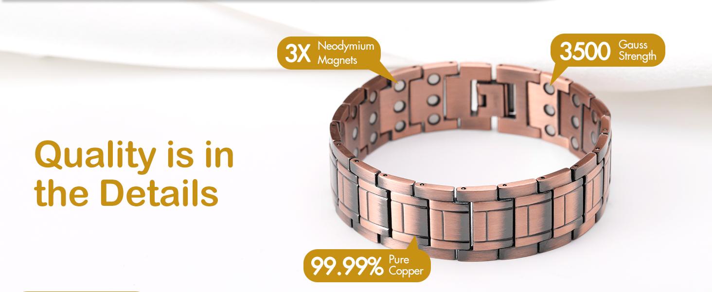 Feraco Copper Bracelet for Men, 3X Ultra Strength Magnetic Bracelets, 99.99% Pure Copper with 3500 Gauss Neodymium Magnets, Adjustable