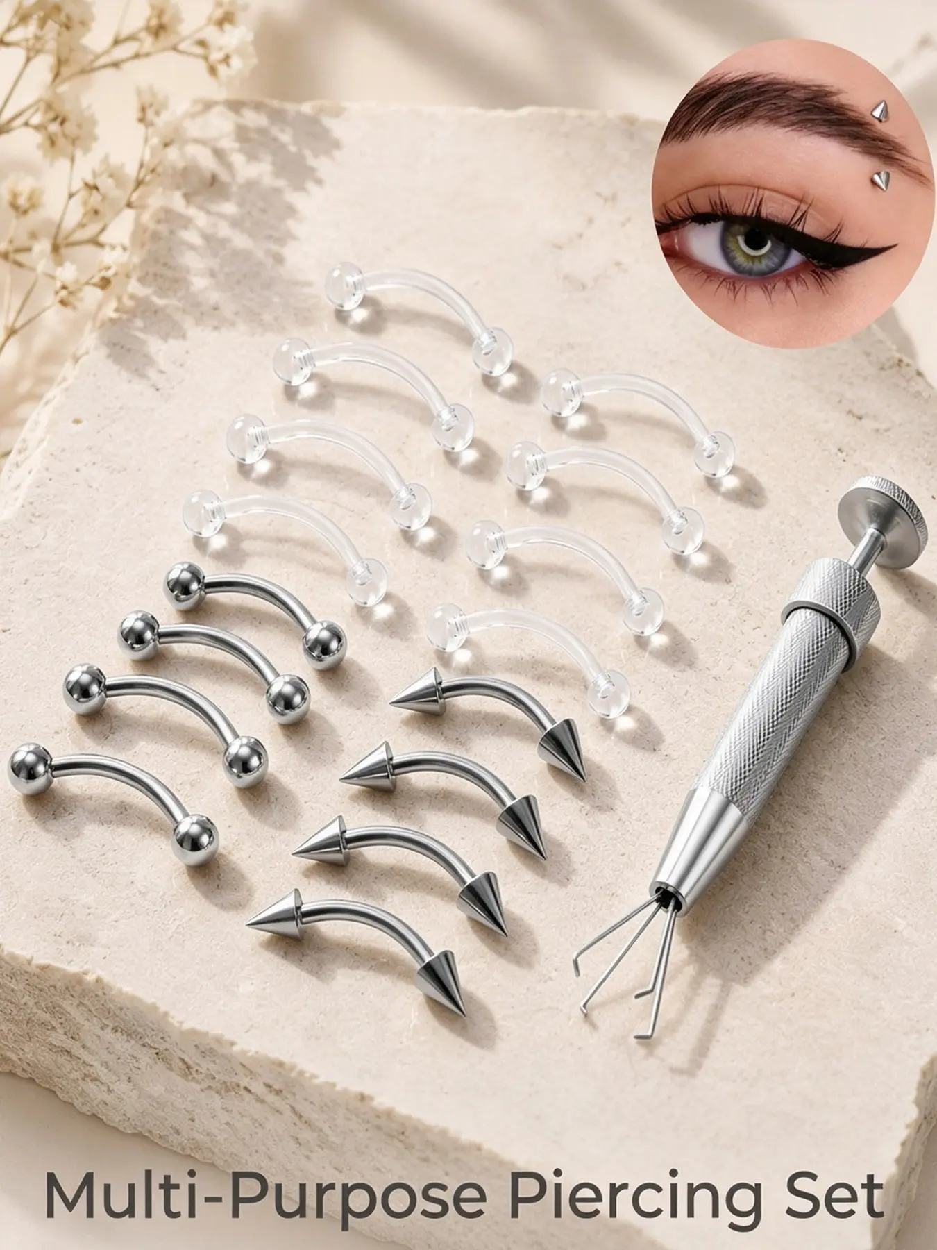 16g Brow Piercing Jewelry Set with Tools, Medical Grade Stainless Steel, Transparent Barbells, Ball and Spike Styles, 6/8/10/12mm, Suitable for vertical piercing of the auricle, tragus, helix, and labia; unisex