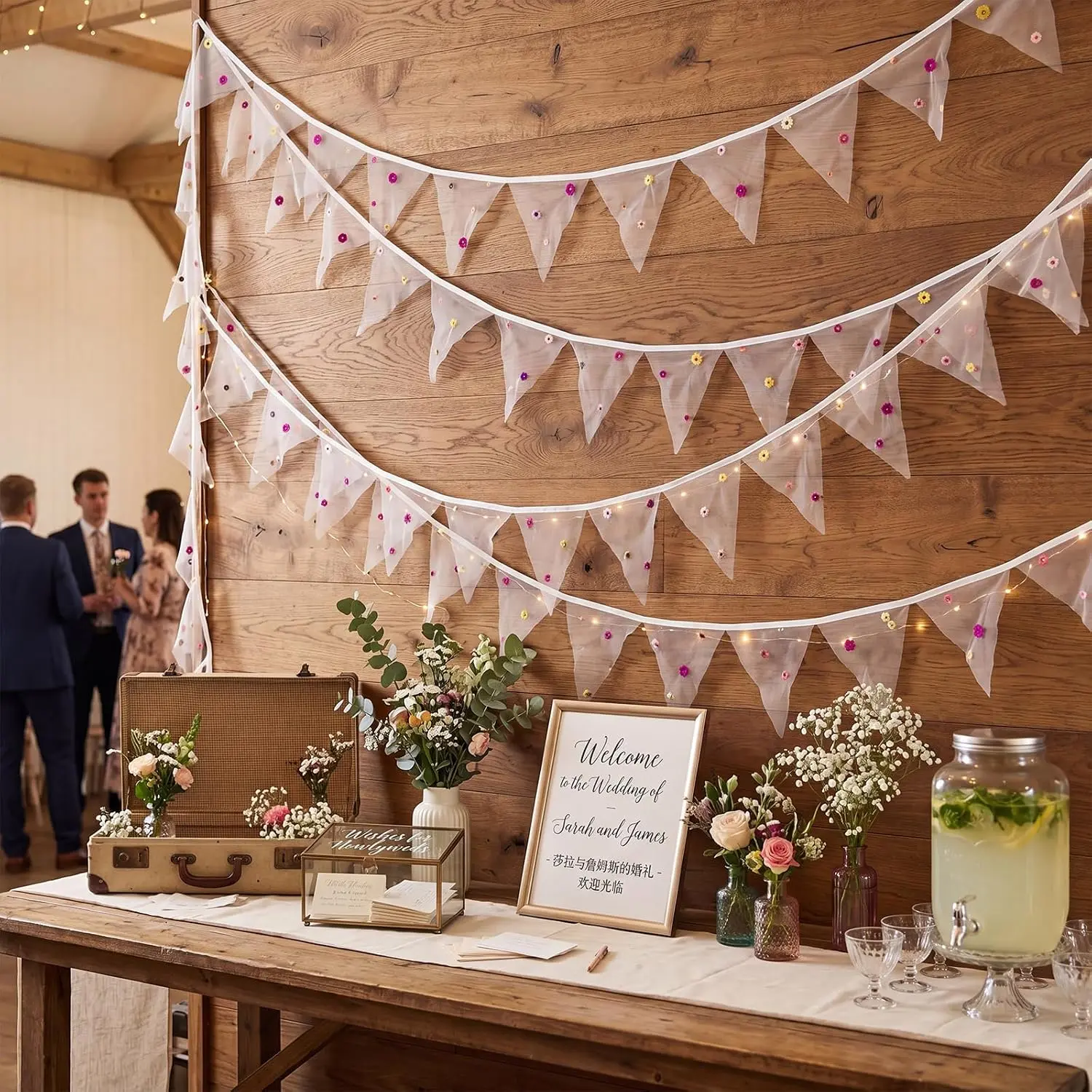 1 Pack  Garden  Party Decor 32.8 ft Embroidery Wildflower Bunting Flags, Summer Flower Triangle Pennant Banner, Daisy Tulle Garland for  Shower, Wedding and Birthday Decorations