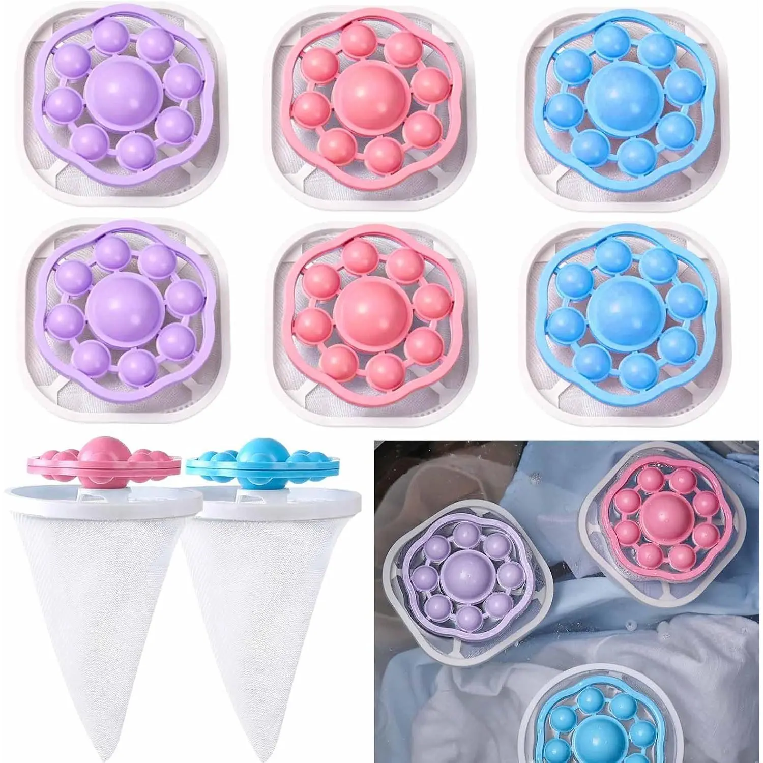 6 PCS Hair Filter Bag Floating Lint Catcher for Washing Machine Pet Hair Catcher Spherical Shape Lint Trap Cleaning Tool Reusable Washing Hair Filter Cleaning Mesh Bag Dog Cat Hair Remover for Laundry