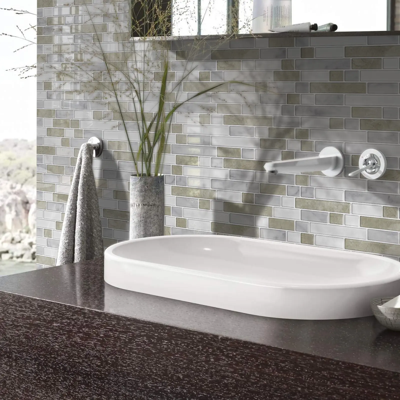 Dewoo Light Marble Mosaic Self-Adhesive Wall Tiles, 10 Pieces, 2.5mm Thick, Waterproof, Heat Resistant, Easy to Clean, DIY Decor