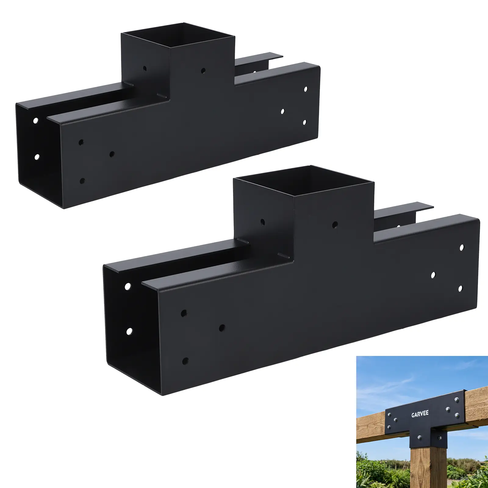 3-Way Straight T-Bracket Kit for 4x4 Wood Posts, 2-Pack, Black Steel with Screws