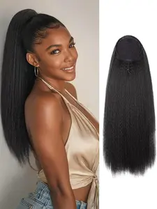 Drawstring Ponytail Extension Water Wave, Natural Color Corn Wave, Straight Long Wig for Women, All Seasons Ponytail Clip