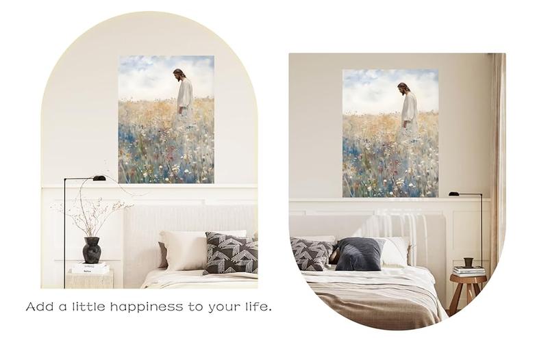 Framed Jesus Leaves the 99 Christian Canvas Wall Art Inspirational Painting of Jesus in Autumn Wildflowers Religious Faith Art Picture Print Christian Décor for Home Living Room and Church12x16in Decor Ornaments