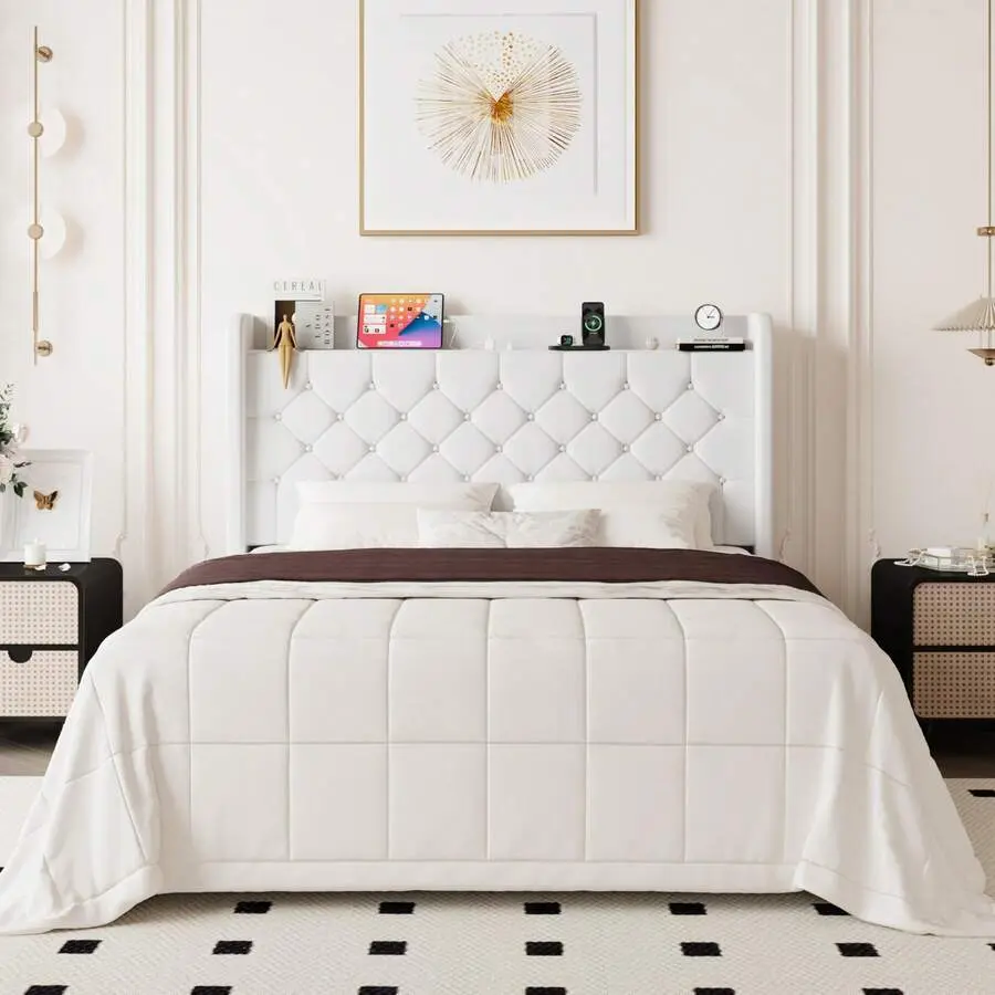 Allewie Full/Queen/King Size Winged Velvet Upholstered Bed Frame, Diamond Stitched Button Tufted Storage Headboard With Charging Station, Slatted Sturdy Wood Support, No Box Spring Needed, Easy Assembly, Black