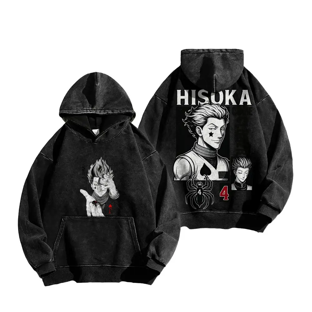 Unisex Vintage Washed Hisoka Pullover Hoodie, Front & Back Double-Sided Hunter x Hunter Anime Graphic Sweatshirt, Retro Distressed Oversized Streetwear Hooded Top for Men Women