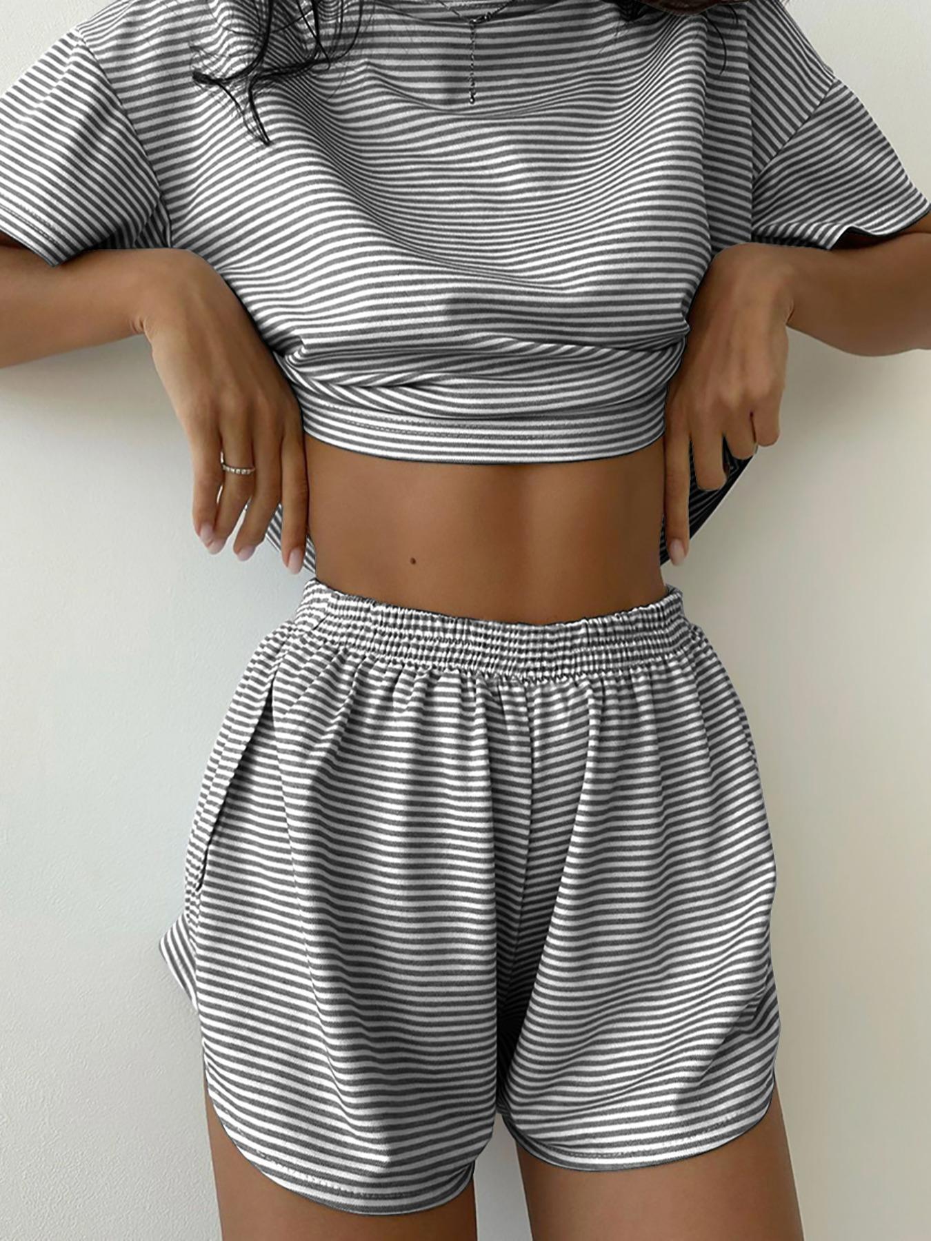 Women's Striped Print Drop Shoulder Tee & Wrap Split Shorts Pyjama Set, Casual Comfy Round Neck Short Sleeve T-shirt & Elastic Waist Shorts Pj Set, Summer Outfits