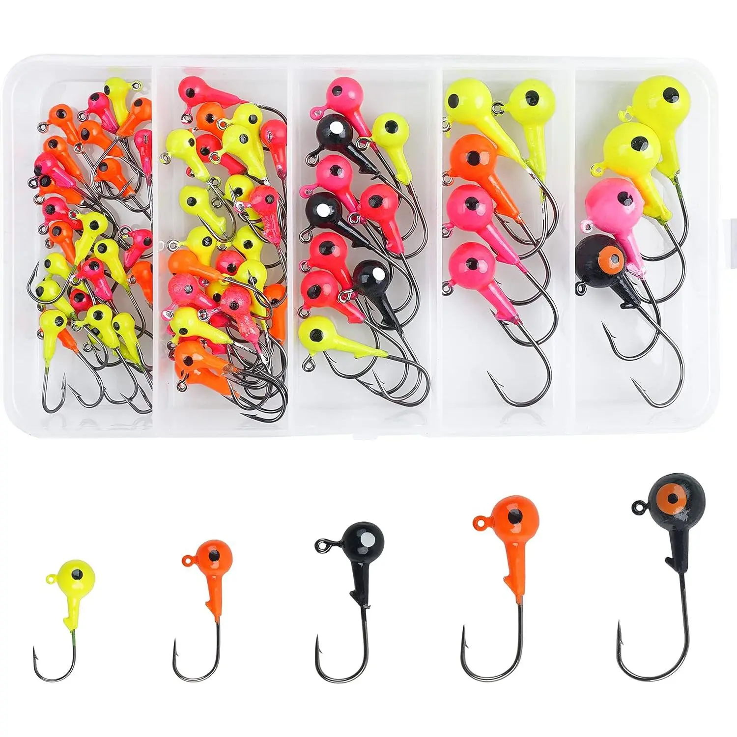 Fishing Jig Heads Hooks Kit-69pcs Round Jig  with  Eyes Painted Jig Heads for Bass Crappie Walleye Panfish Saltwater Freshwater Fishing