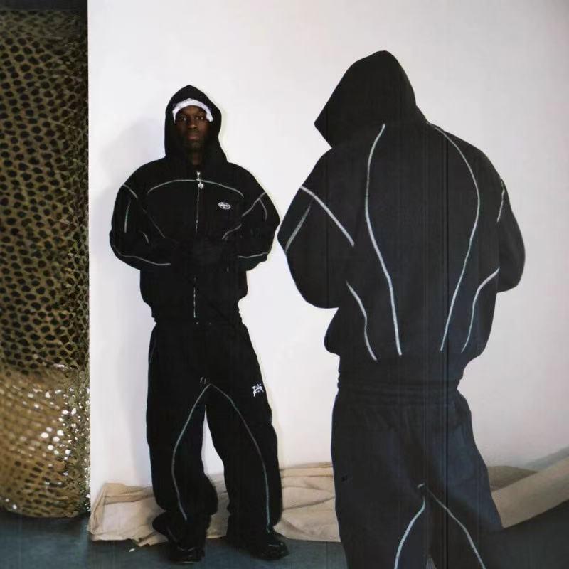 2026 Fashion Loose Sweatshirt and Sweatpants ,Hip Hop Street Style Unisex Zipper Hooded Jacket Set black logo 2026 Fashion Loose Sweatshirt and Sweatpants ,Hip Hop Street Style Unisex Zipper Hooded Jacket Set black logo