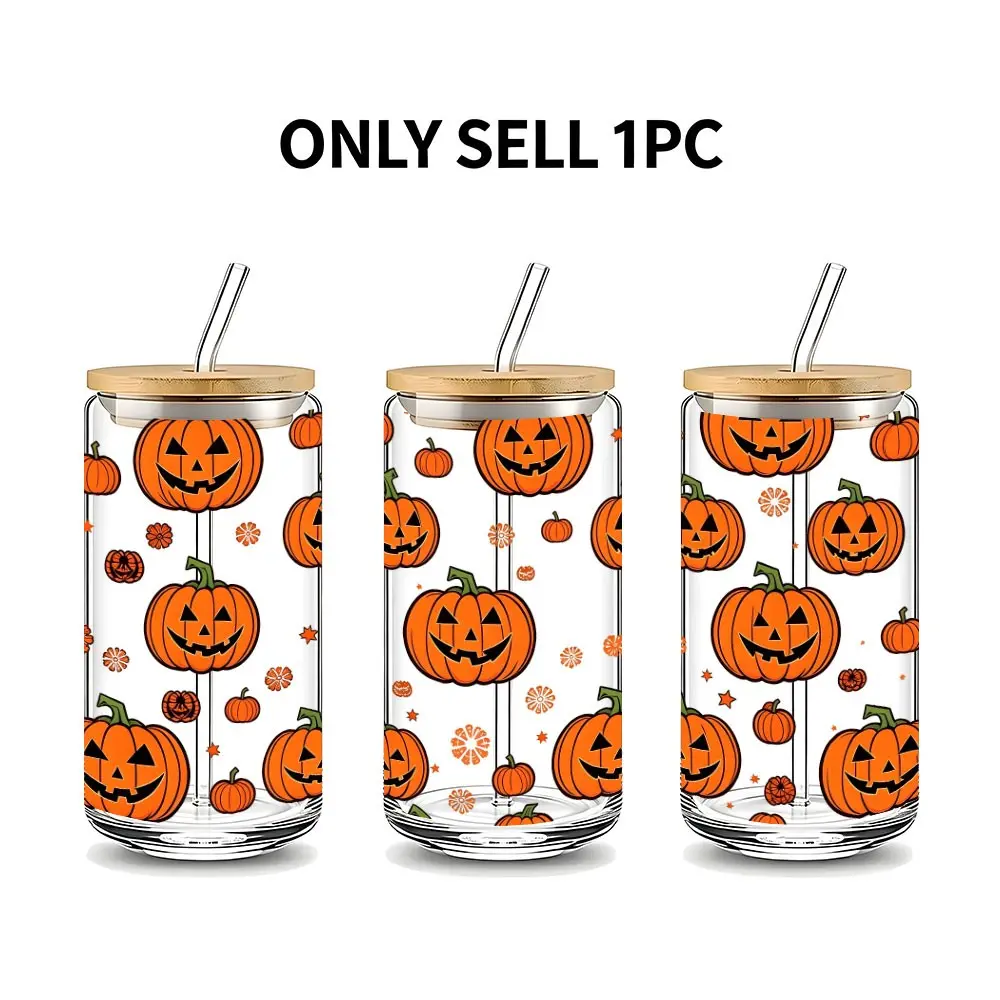 Cartoon Halloween 16oz Glass Can Cup with Lid and Straw, Reusable Glass Drinking Cup, High-Quality Glass Jar for Iced Coffee, Hot Chocolate, Juice, Cold Drinks, Cute Aesthetic Glassware, Perfect Gift for Coffee Lovers,Halloween