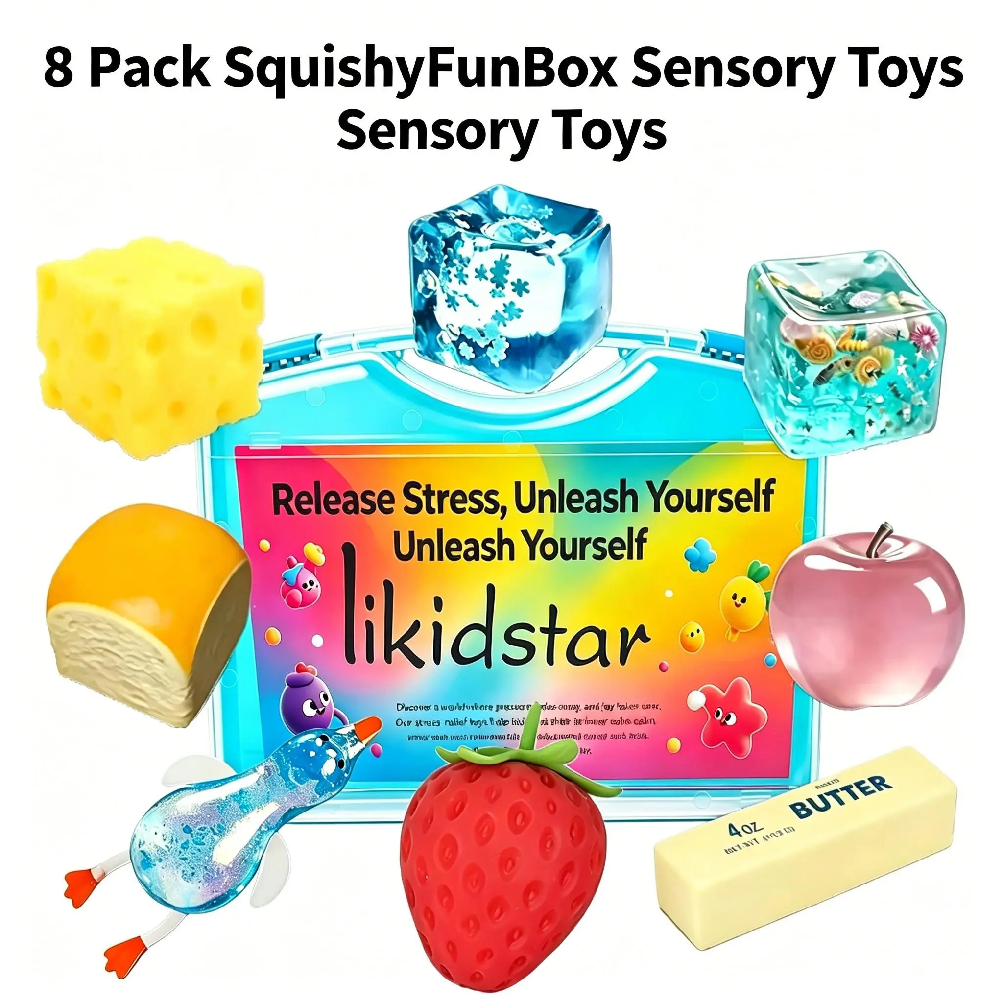 8 Piece Set Soft Plush Toys, Cute Stuffies Collectible, Cheese Butter Duck Fruit Ocean Cube, Portable Box, Office Classroom Party Gifts, 8 Different Styles, Soft Cuddly Gift