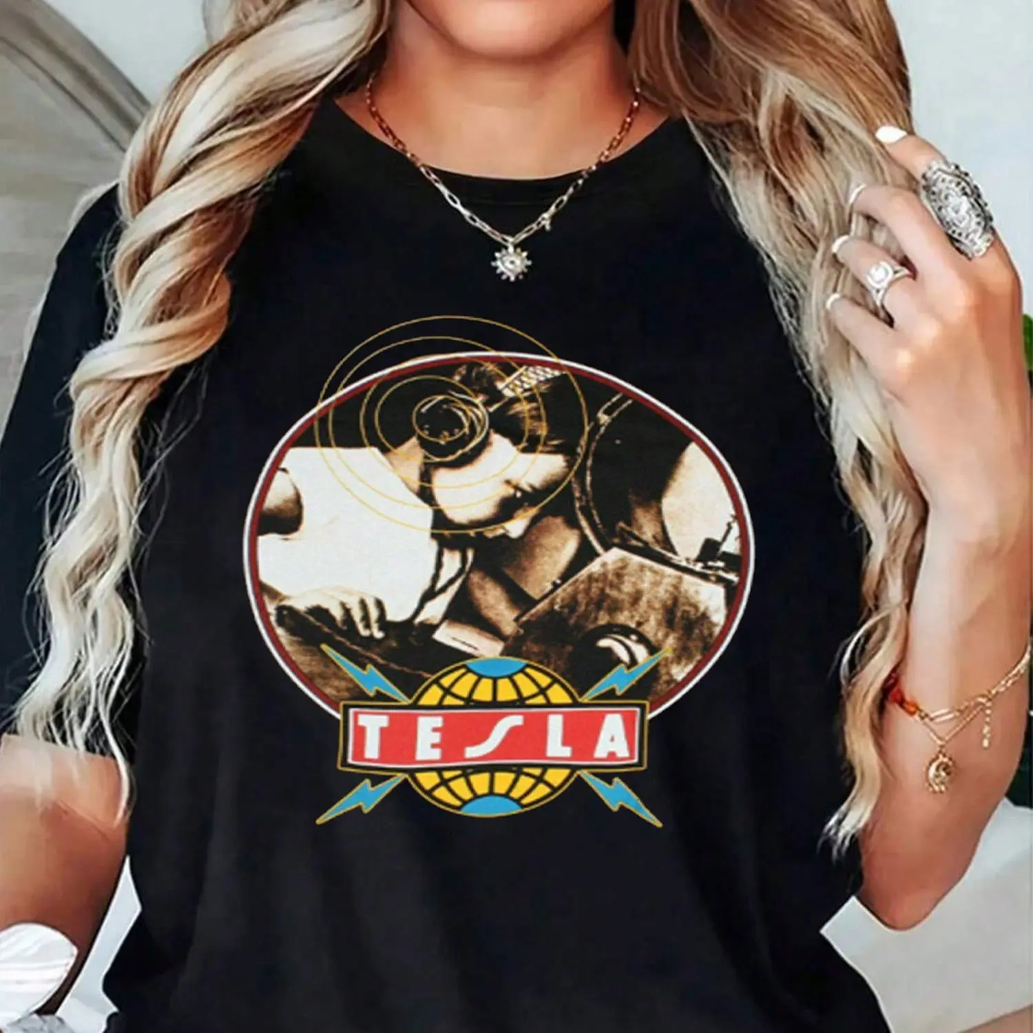 Vintage Graphic Print Women's Short-Sleeved T-Shirt Casual Black Tesla Band Tee Summer Gift For Her