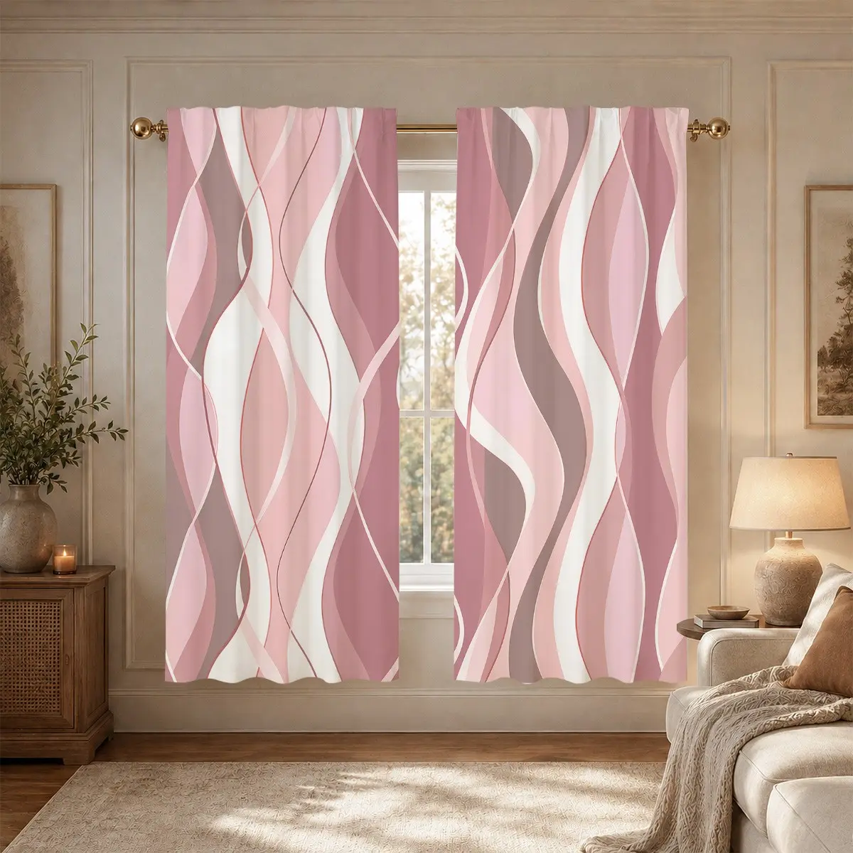 2pcs Soft pink and brown streamlined wave semi-blackout curtains, modern light luxury living room and bedroom fabric curtains, made of polyester, suitable for bedrooms, kitchens, studies, cafes, etc.
