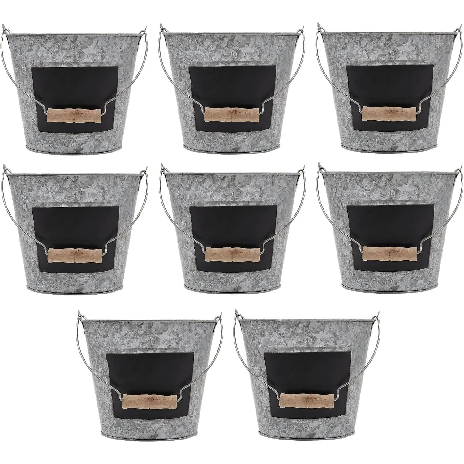 Galvanized Metal Chalkboard Bucket with Wooden Handle 7 Inch Dia – Set of 8 Rustic Farmhouse Floral Planter, Ideal for Home Décor, Office, Party, Wedding, Indoor, Outdoor or Tabletop Décor
