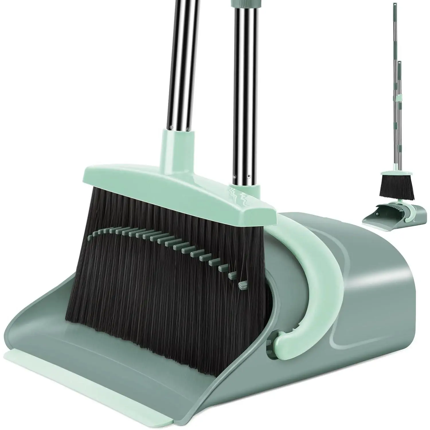 Upright Folding Broom and Dustpan Set with Long Handle, Gray & Green Home Care Supplies for Home Kitchen Floor Sweep Use