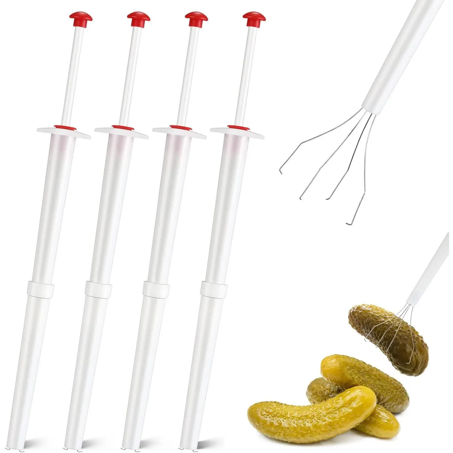 Set of 4 Pickle Grabber Tool Stainless Steel and Plastic Pickle  Grabber 8 Inch Deluxe Olive  Pincher Tool Jar Fork for Kitchen  Olive Pepper, White