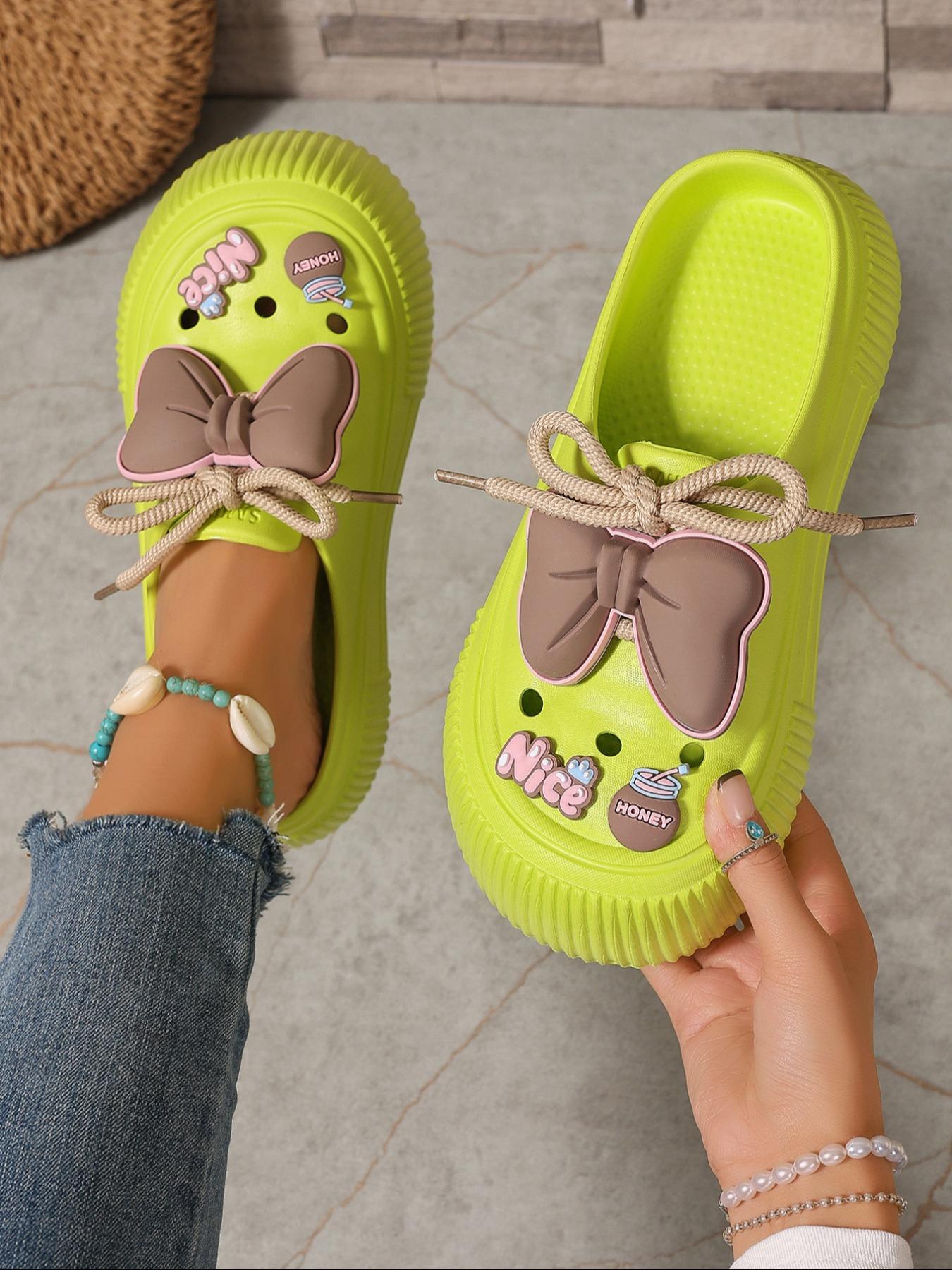 Women's Cute Cartoon Bowknot Design Clogs, Round Toe Slippers, Casual Comfortable Non-slip Clogs for Summer, Lightweight Breathable Shoes for Outdoor Beach