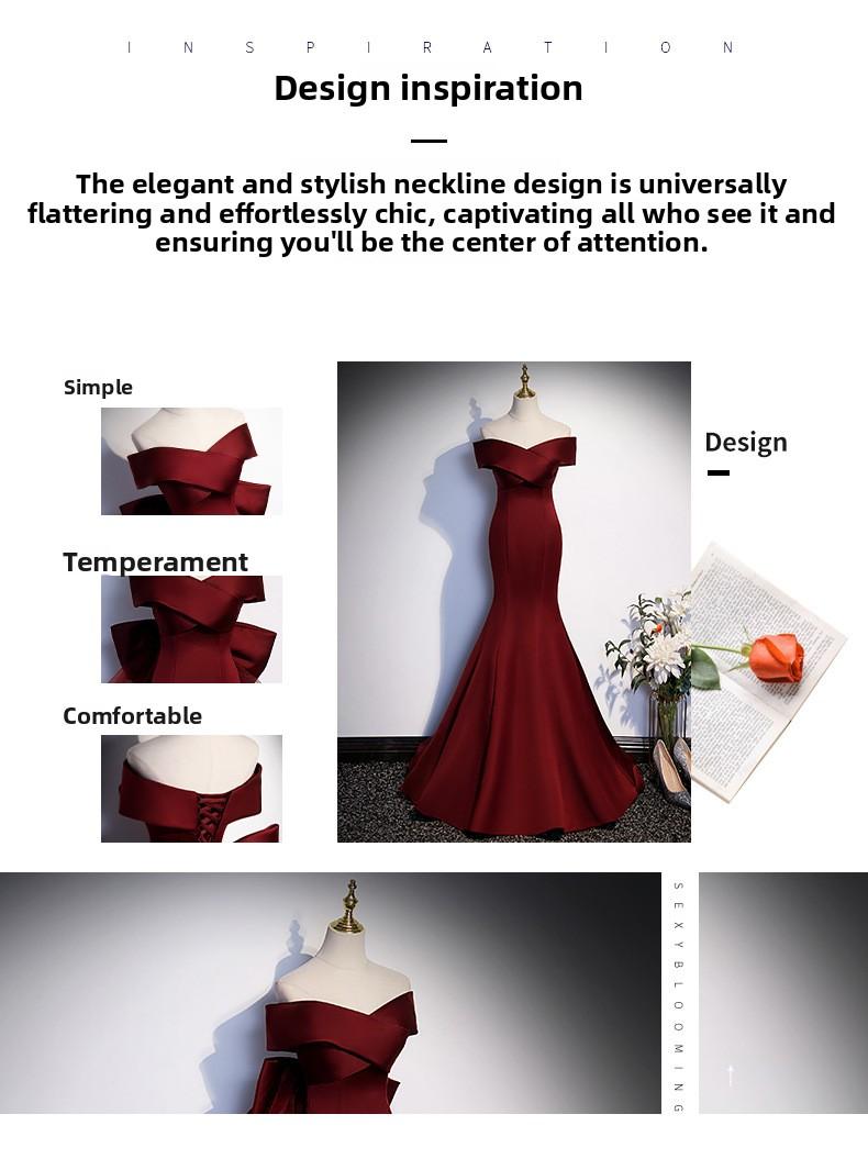 2026 New Style Wine Red Fishtail Toast Dress, Female Vocal Music Art Exam Evening Dress, Annual Party Host Off-the-Shoulder Light Wedding Dress