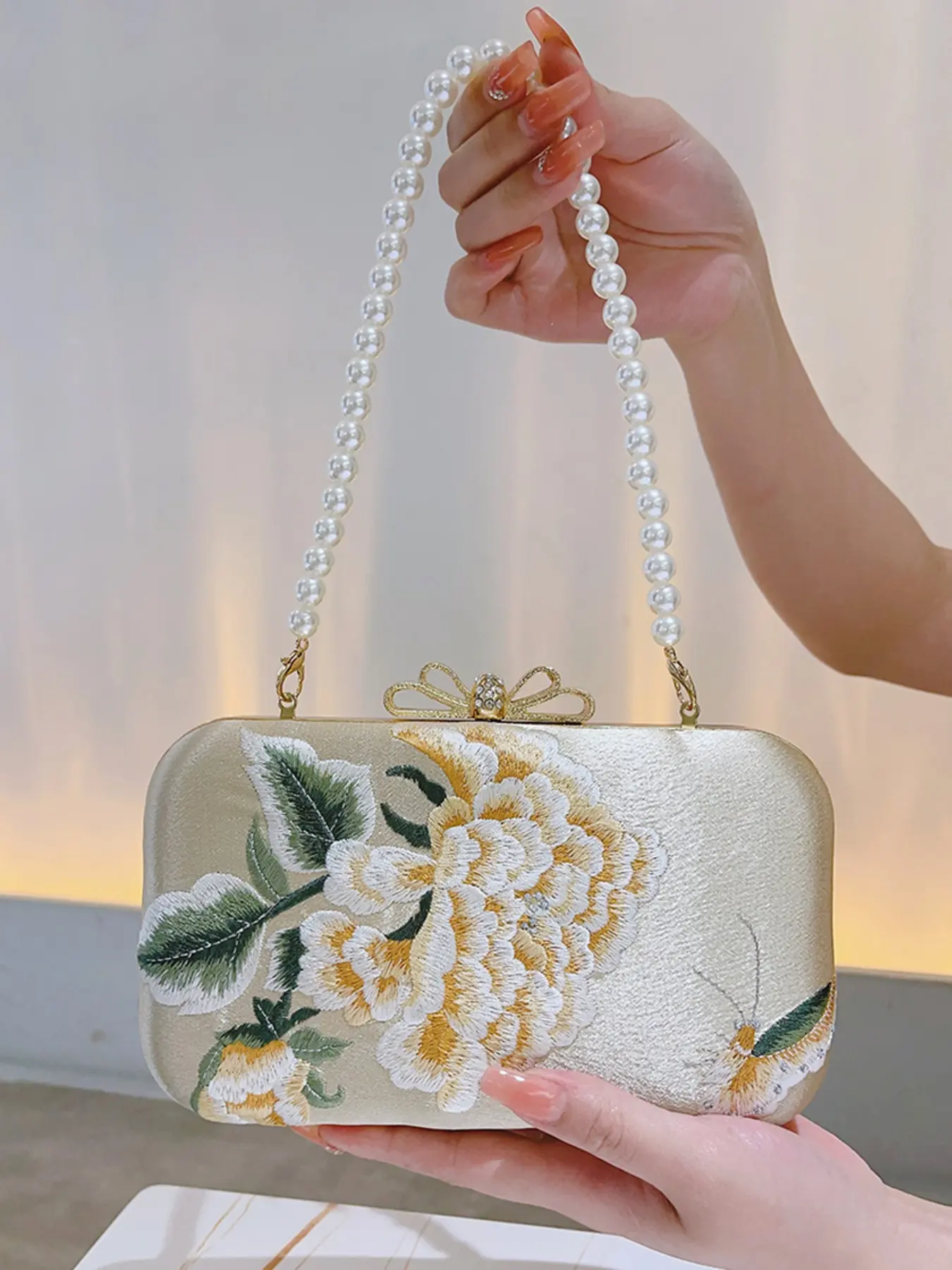 Champagne Color Peony Embroidered Qipao Handbag, Elegant Gold New Chinese Style Bow Rhinestone Crossbody Bag, Hanfu Wedding Bridesmaid Purse